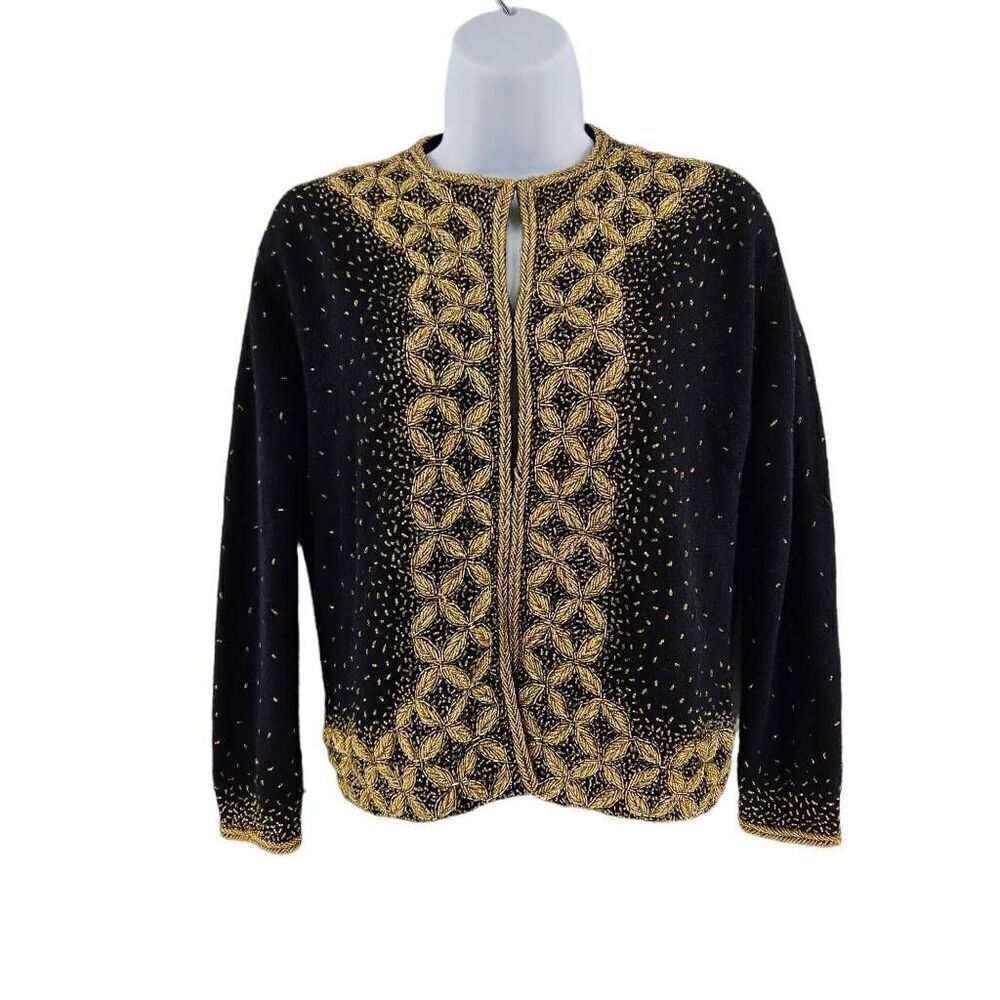 Beautiful Black Vintage Gene Shelly's Sweater Embellished in Gold Beads